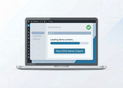 One-click demo import feature in WordPress showing a ready-made website layout being imported