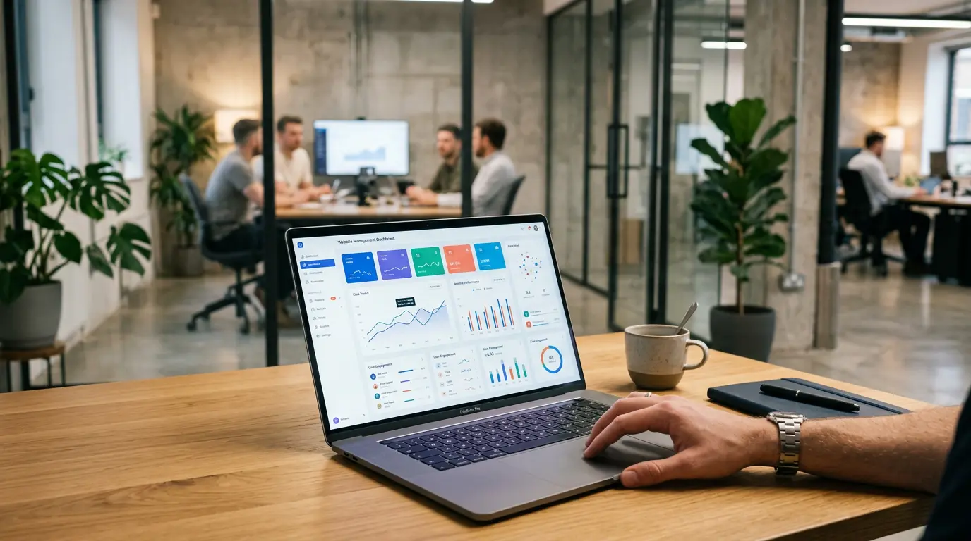 Professional working on monthly WordPress support and website maintenance dashboard