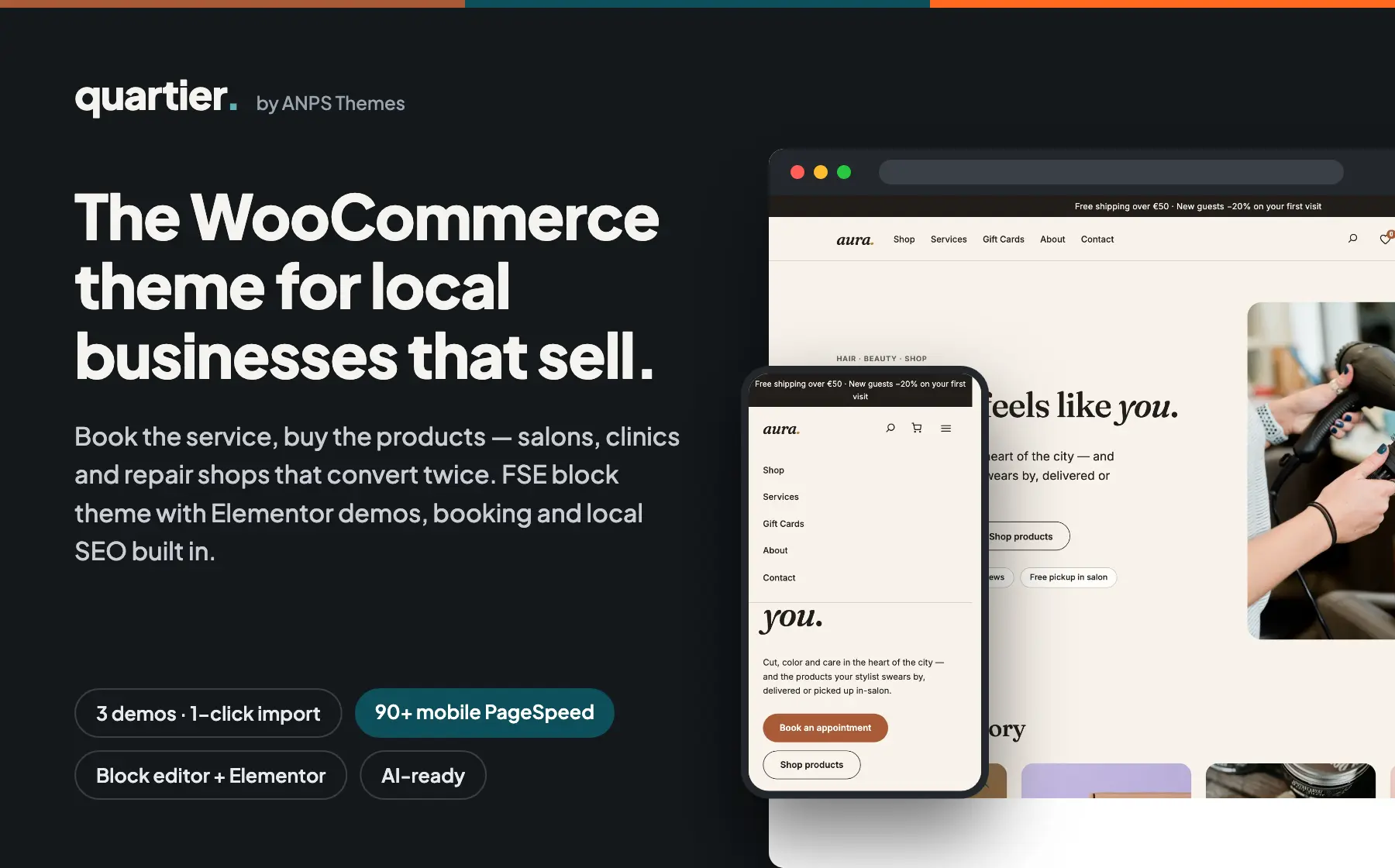 Quartier local business WordPress theme with salon, clinic and auto repair demos